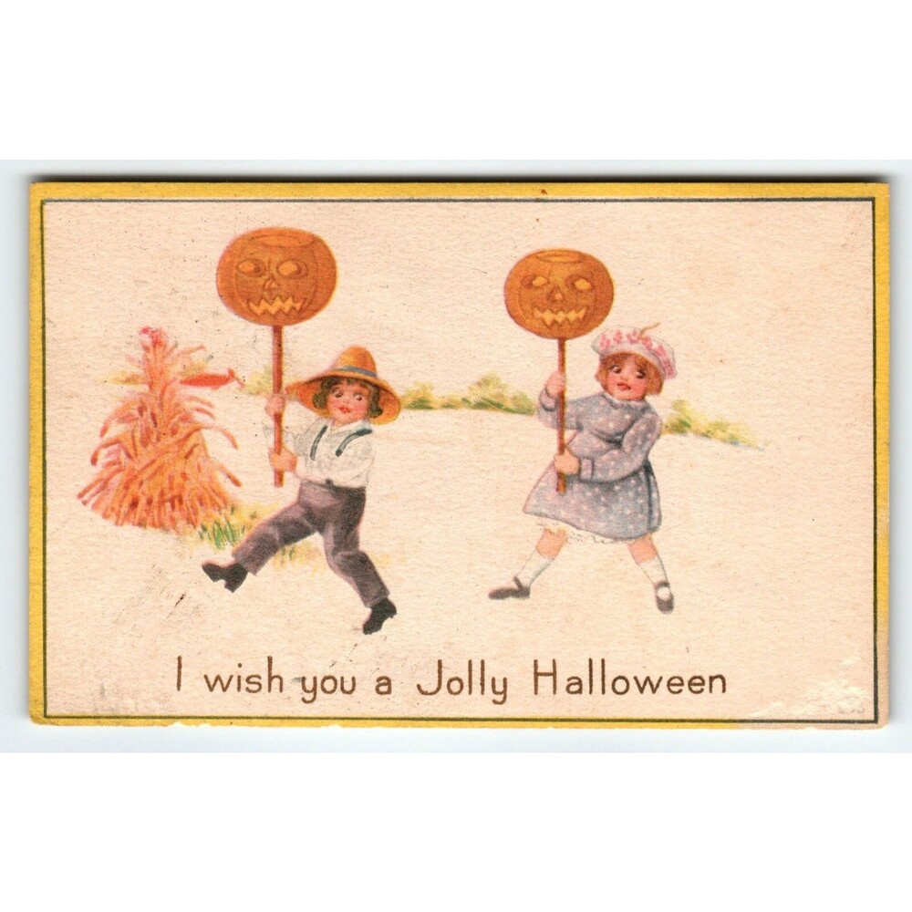 Halloween Postcard Gibson Children Hold JOL Pumpkin Heads Haystack Unused